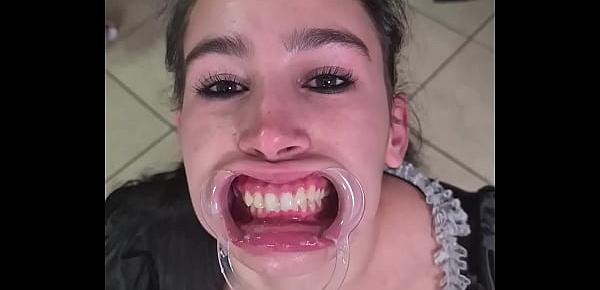French maid tries to drink her own piss with a lip retractor | funny